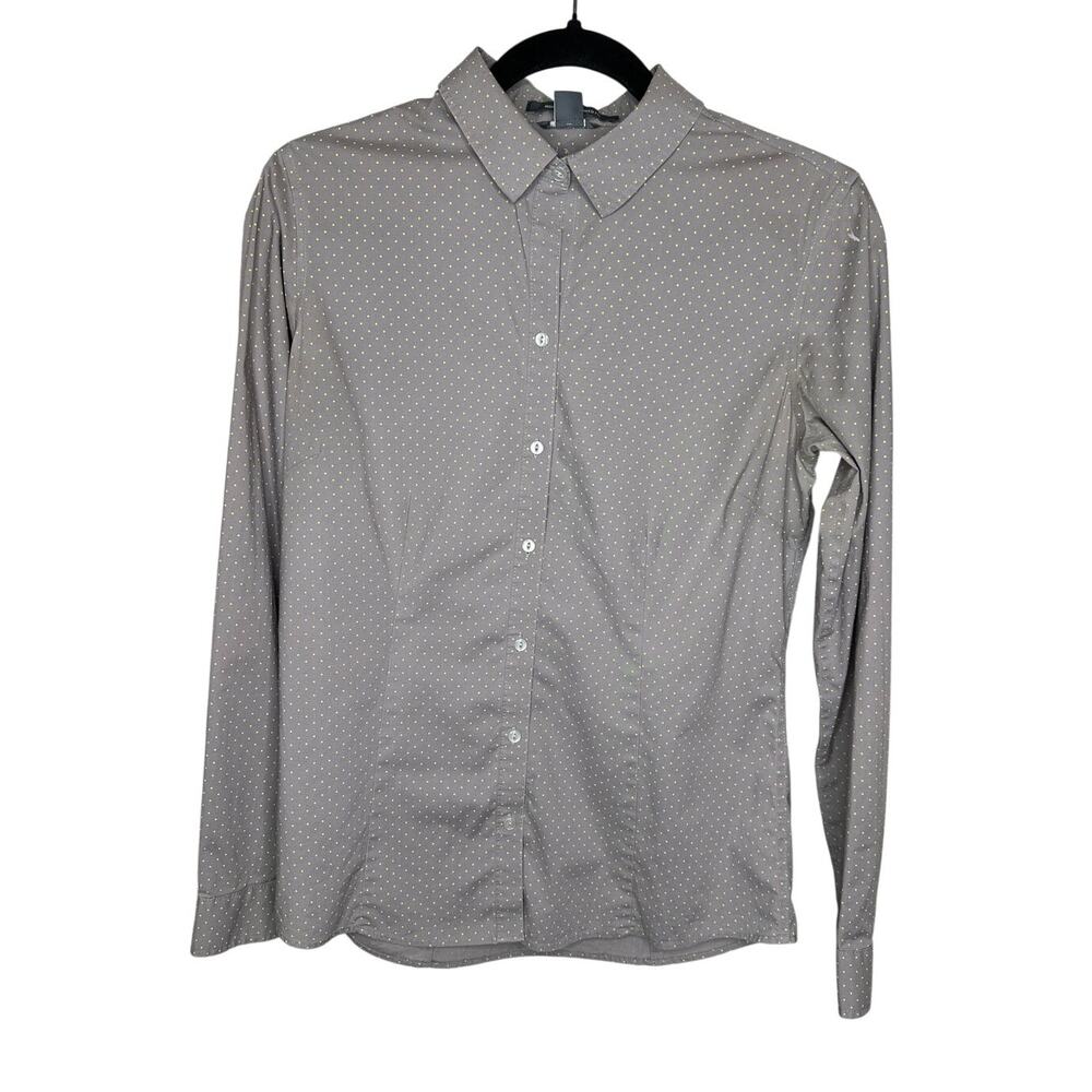 Eddie Bauer Wrinkle Free Shaped Fit Shirt S Gray Yellow Polka Dot Button Up EUC